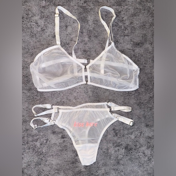 Sheer White Mesh Lingerie Set Glow-in-the-Dark “Kiss Here” - Adjustable XS-S - Picture 2 of 3